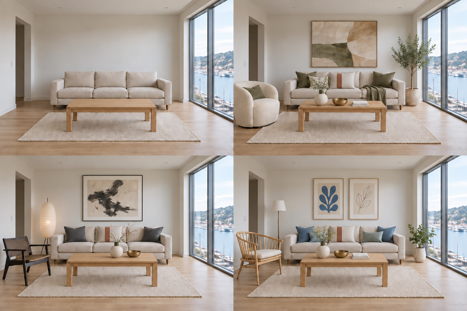 AI-demo i fire felt: lys stue med sofa og rektangulært trebord, store vinduer til høyre og varianter med grønne, mørke og blå tekstiler.